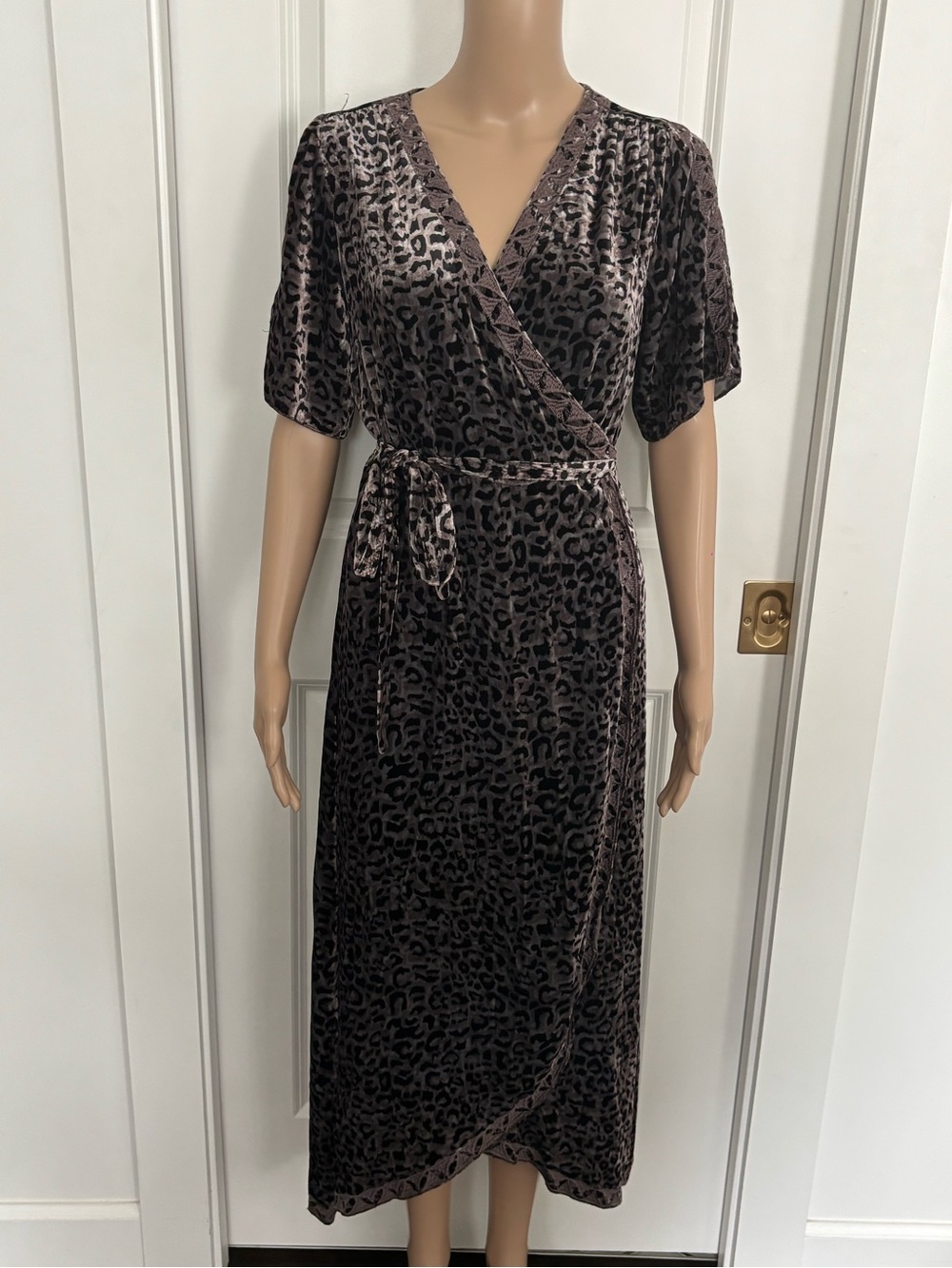 Johnny Was purple Leopard Velvet Wrap Midi Dress
